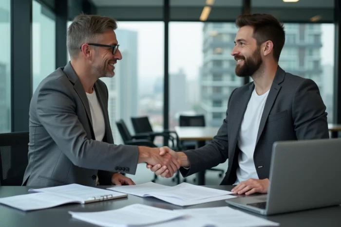 Homme signant un accord de crédit avec un conseiller financier dans un bureau professionnel moderne