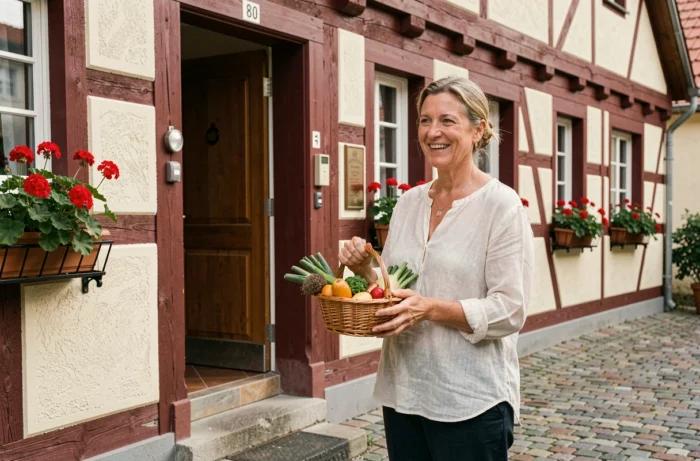 Hôtesse accueillant des voyageurs devant une maison à colombages alsacienne typique avec jardinières fleuries et cour en pavés