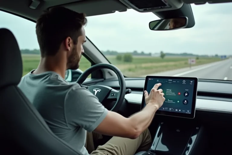 Homme activant la conduite autonome sur l'écran tactile d'une voiture électrique moderne