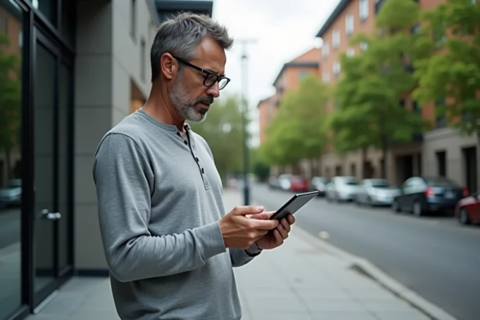 Agent immobilier consultant la plateforme Immobserver sur tablette devant un immeuble résidentiel moderne pour évaluer un bien