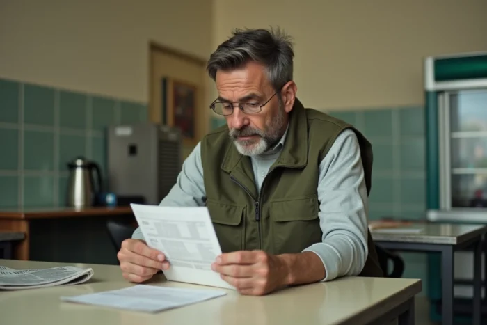 Agent technique de catégorie C consultant sa fiche de paie dans une salle de pause scolaire