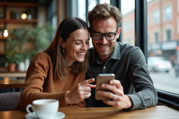 Deux amis découvrant ensemble des pages incontournables sur smartphone dans un café urbain