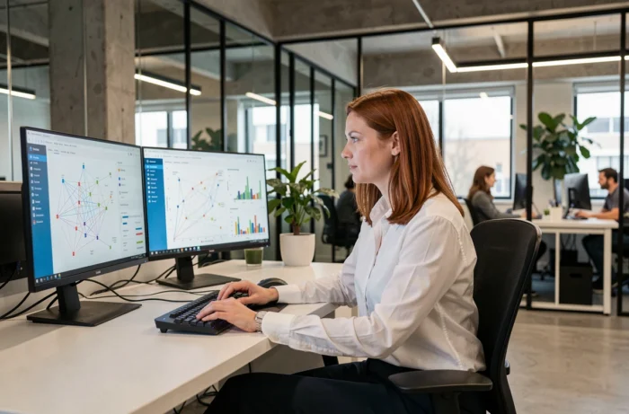 Analyste informatique surveillant un tableau de bord de cluster en entreprise sur un poste de travail