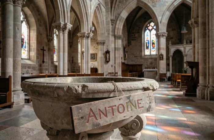 Fonts baptismaux en pierre dans une chapelle romane française avec un panneau en bois portant le prénom Antoine
