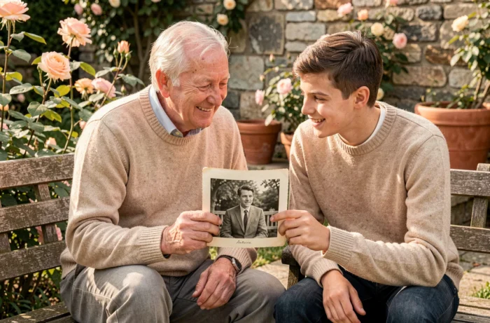 Grand-père français partageant une photo de famille vintage avec son petit-fils dans un jardin, illustrant la transmission du prénom Antoine