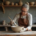 Céramiste appliquant un émail raku sur un bol en céramique crue dans un atelier de poterie