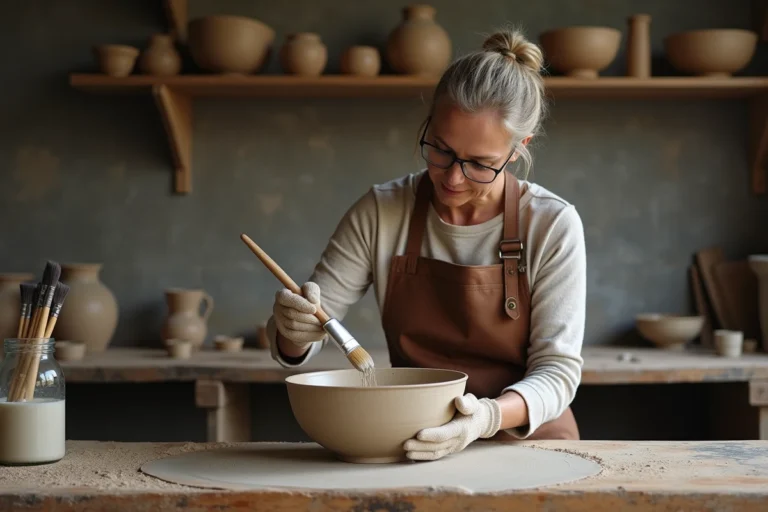 Céramiste appliquant un émail raku sur un bol en céramique crue dans un atelier de poterie