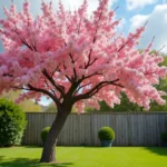 Arbre albizia en fleurs dans un jardin résidentiel au printemps, avec sa canopée étalée et ses fleurs roses caractéristiques