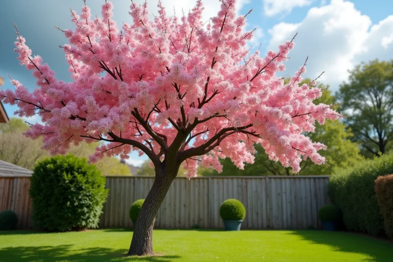 Arbre albizia en fleurs dans un jardin résidentiel au printemps, avec sa canopée étalée et ses fleurs roses caractéristiques