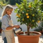 Femme arrosant un citronnier en pot sur une terrasse méditerranéenne en pierre