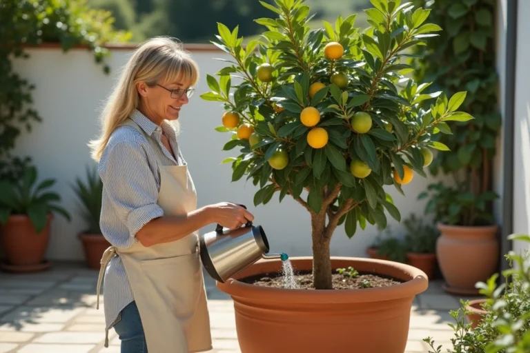 Femme arrosant un citronnier en pot sur une terrasse méditerranéenne en pierre