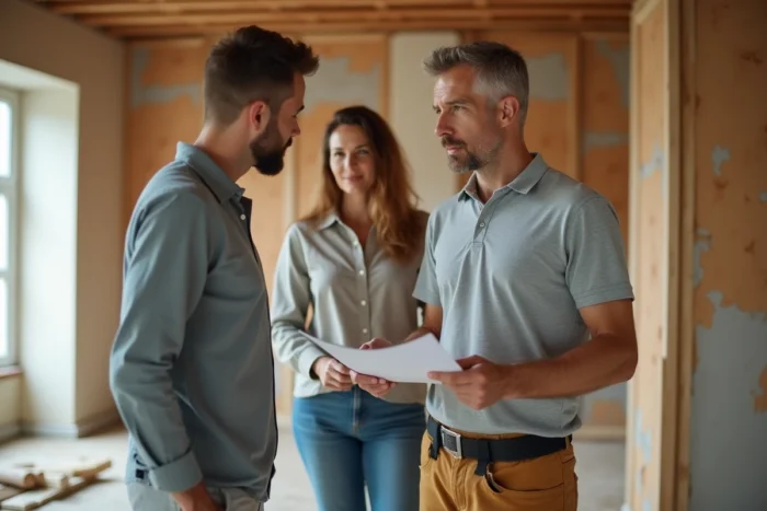 Artisan présentant un devis de rénovation énergétique à un couple de propriétaires dans un intérieur en travaux