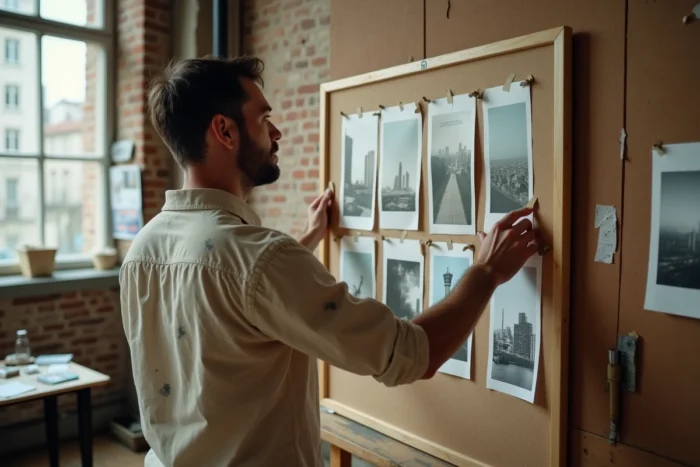 Artiste visuel français épinglant des vidcaps imprimées sur un tableau de liège dans son atelier