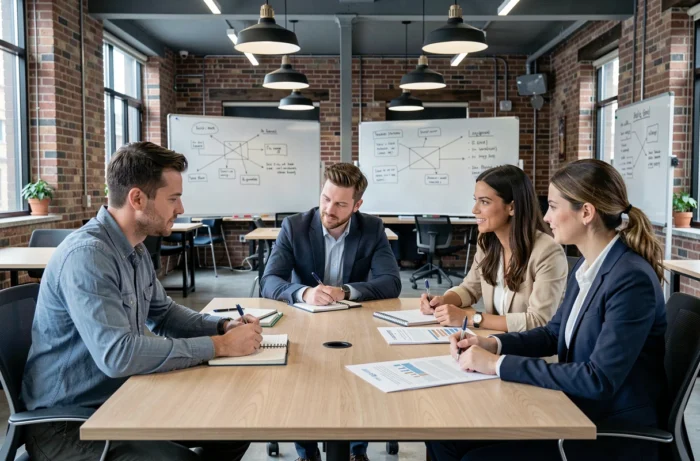 Groupe de professionnels en formation dans un espace de coworking moderne pour améliorer leurs compétences et trouver un emploi