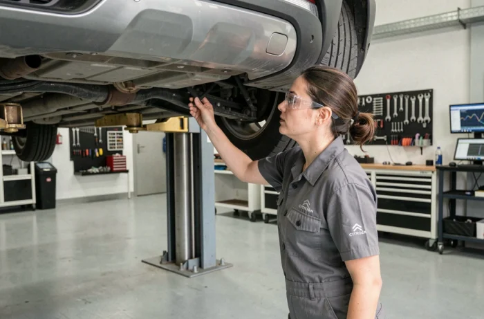 Technicienne Citroën réalisant une révision dans un centre de service agréé sur la Côte d'Azur