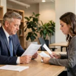 Responsable RH et salariée examinant un contrat de travail relatif aux avantages individuels acquis dans un bureau d'entreprise