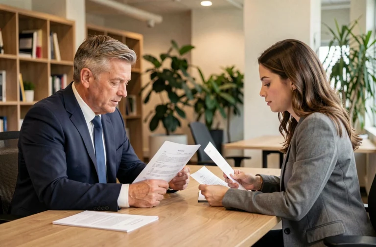 Responsable RH et salariée examinant un contrat de travail relatif aux avantages individuels acquis dans un bureau d'entreprise