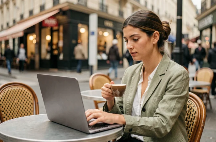 Blogueuse amateur travaillant sur son ordinateur portable en terrasse de café parisien, illustrant la liberté du blogging