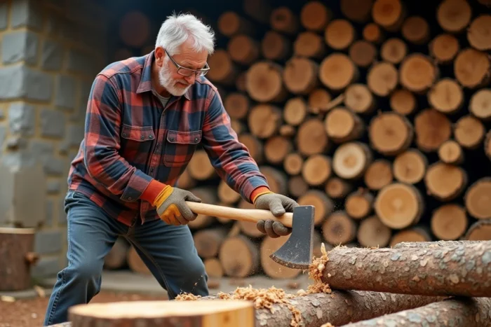 Homme fendant des bûches de bois d'albizia dans une cour rurale, avec un tas de bois de chauffage empilé contre un mur en pierre