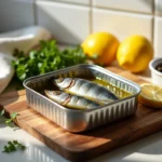 Boîte de sardines ouverte à l'huile d'olive sur une planche en bois rustique avec citron et persil frais, dans une cuisine méditerranéenne