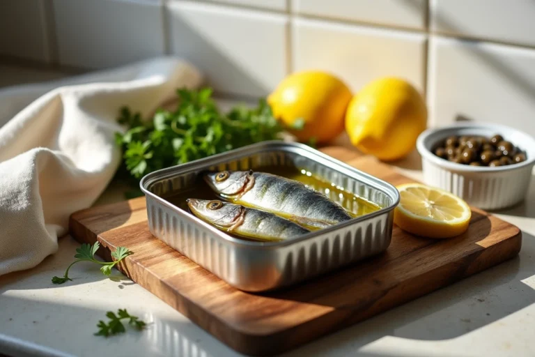Boîte de sardines ouverte à l'huile d'olive sur une planche en bois rustique avec citron et persil frais, dans une cuisine méditerranéenne