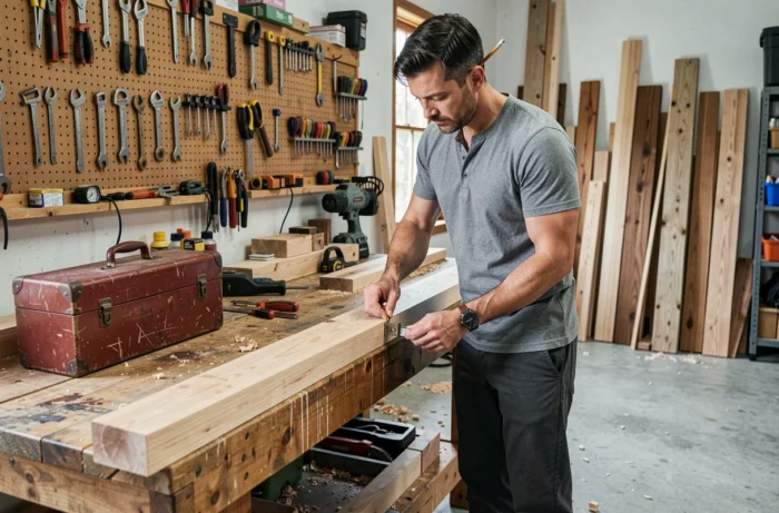 Homme mesurant une planche en bois dans un atelier de bricolage à domicile pour un projet de menuiserie