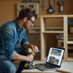 Un bricoleur consultant un blog DIY sur son ordinateur portable dans un atelier de maison rempli d'outils