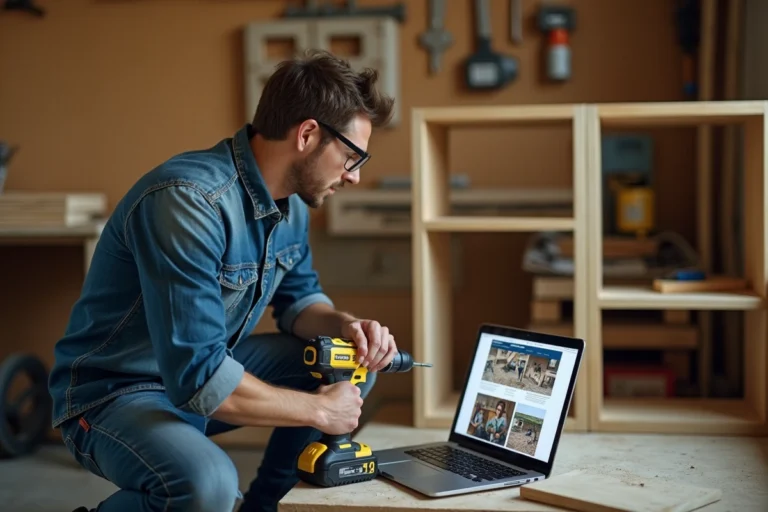 Un bricoleur consultant un blog DIY sur son ordinateur portable dans un atelier de maison rempli d'outils