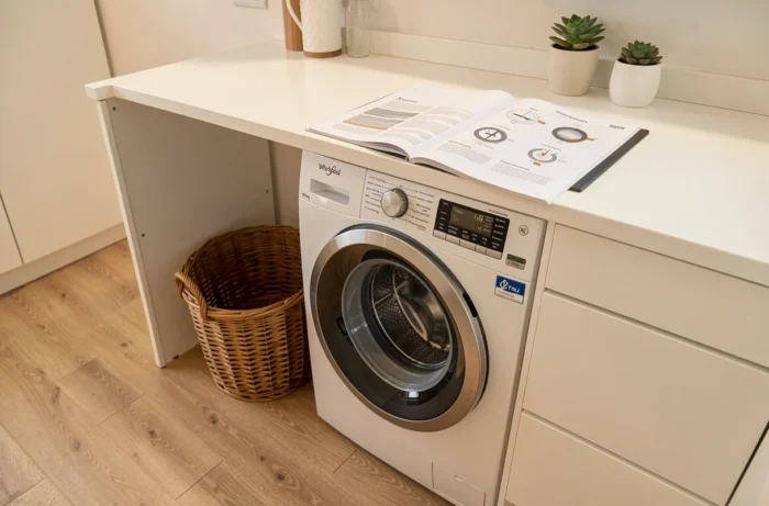 Vue d'ensemble d'une buanderie moderne avec lave-linge Whirlpool 9kg et notice d'utilisation ouverte sur le plan de travail