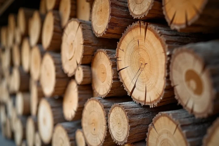 Gros plan sur des bûches d'albizia fraîchement coupées empilées dans un abri à bois, montrant le grain et les cernes annulaires du bois