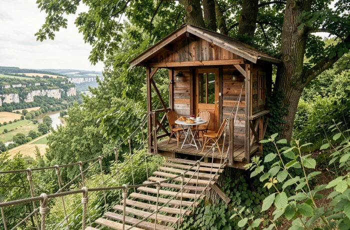 Cabane dans les arbres en bois avec terrasse petit-déjeuner suspendue parmi les châtaigniers de la vallée de la Dordogne