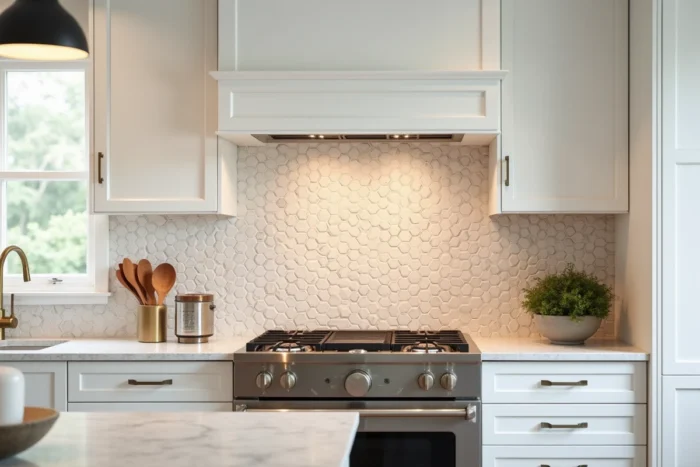 Crédence en carreaux hexagonaux terracotta et blanc dans une cuisine moderne avec plan de travail en marbre