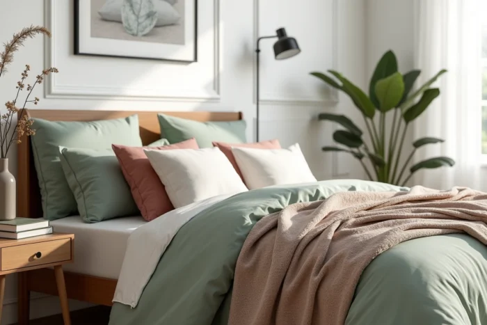 Chambre à coucher décorée avec une literie en lin vert sauge, un plaid en laine et une table de chevet minimaliste en bois, idée aménagement chambre avec style