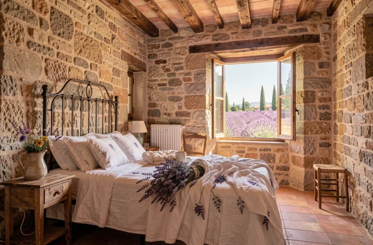 Chambre authentique dans une ferme en pierre de Provence avec poutres apparentes, carrelage en terre cuite et vue sur les champs de lavande