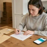 Femme remplissant un formulaire de changement d'adresse bancaire à une table de cuisine entourée de cartons de déménagement