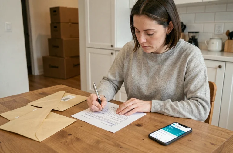 Femme remplissant un formulaire de changement d'adresse bancaire à une table de cuisine entourée de cartons de déménagement