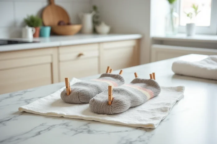 Chaussettes rayées en laine étirées et épinglées sur une serviette blanche pour les élargir, technique maison