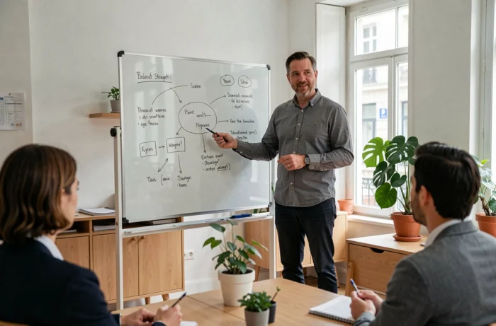 Chef de projet présentant une stratégie d'entreprise sur un tableau blanc dans un bureau de startup à Lyon