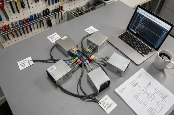 Vue aérienne d'un cluster de serveurs physiques configuré sur un établi de laboratoire informatique professionnel
