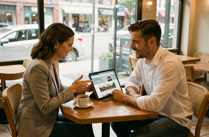 Deux professionnels collaborant autour d'une stratégie de présence en ligne dans un café urbain