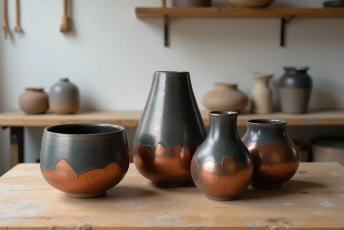 Collection de pièces en céramique raku aux émaux craquelés et reflets métalliques sur une table en bois