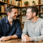 Deux hommes complices attablés dans un café parisien chaleureux, souriant naturellement lors d'un moment de connivence authentique