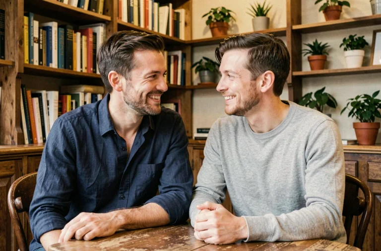 Deux hommes complices attablés dans un café parisien chaleureux, souriant naturellement lors d'un moment de connivence authentique