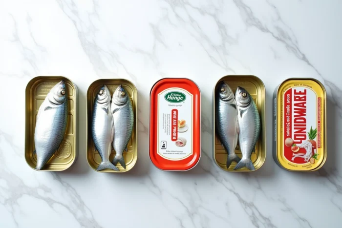 Plusieurs boîtes de sardines de différentes marques alignées sur un marbre blanc pour une comparaison qualité et choix consommateur