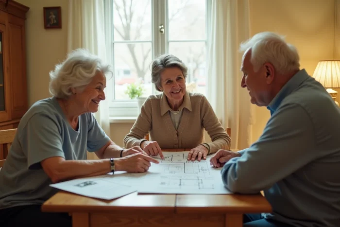 Conseillère en rénovation présentant les aides financières pour l'adaptation de salle de bain à un couple de seniors