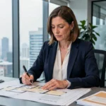 Conseillère immobilière analysant des plans de propriété dans un bureau moderne avec vue sur la ville