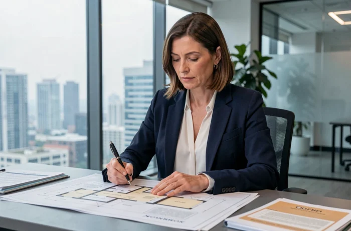 Conseillère immobilière analysant des plans de propriété dans un bureau moderne avec vue sur la ville