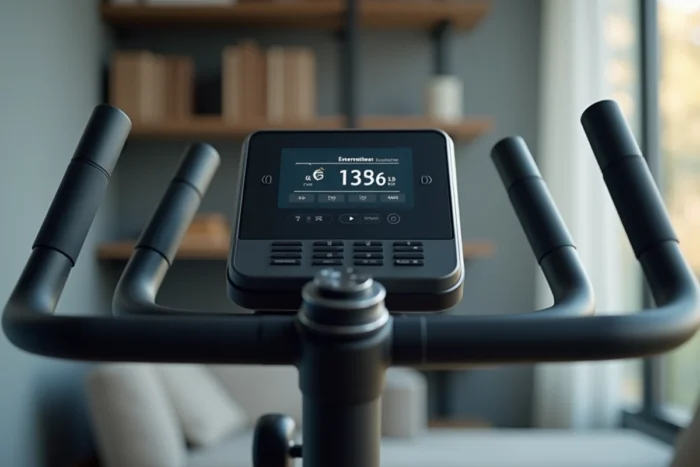 Gros plan sur la console numérique et les poignées du vélo d'appartement SportPlus HT 1004 IE