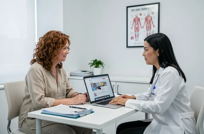 Patiente et médecin consultant ensemble des ressources de santé fiables en ligne lors d'une consultation médicale