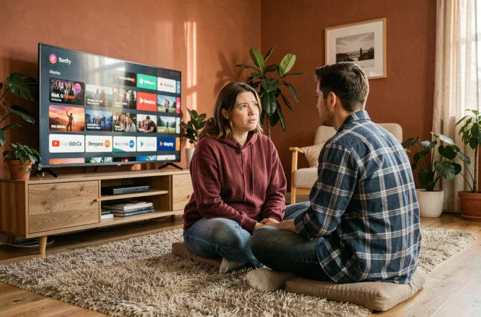 Couple cherchant une alternative de streaming pour regarder des films en ligne sur une smart TV